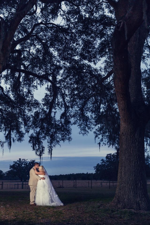 A bride and groom are posing for a picture under a tree