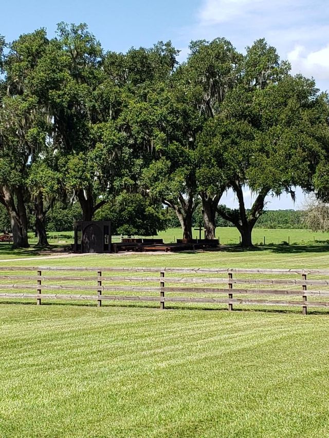 A wooden fence surrounds a grassy field with trees in the background.
