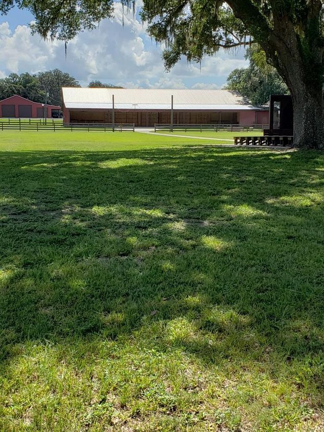 A large grassy field with a building in the background and a tree in the foreground.