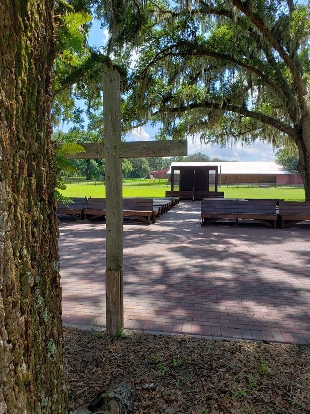 A wooden cross is sitting in the middle of a park next to a tree.