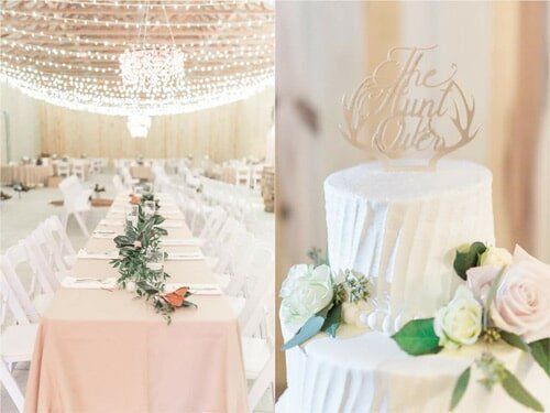 A couple of pictures of a wedding reception and a wedding cake.