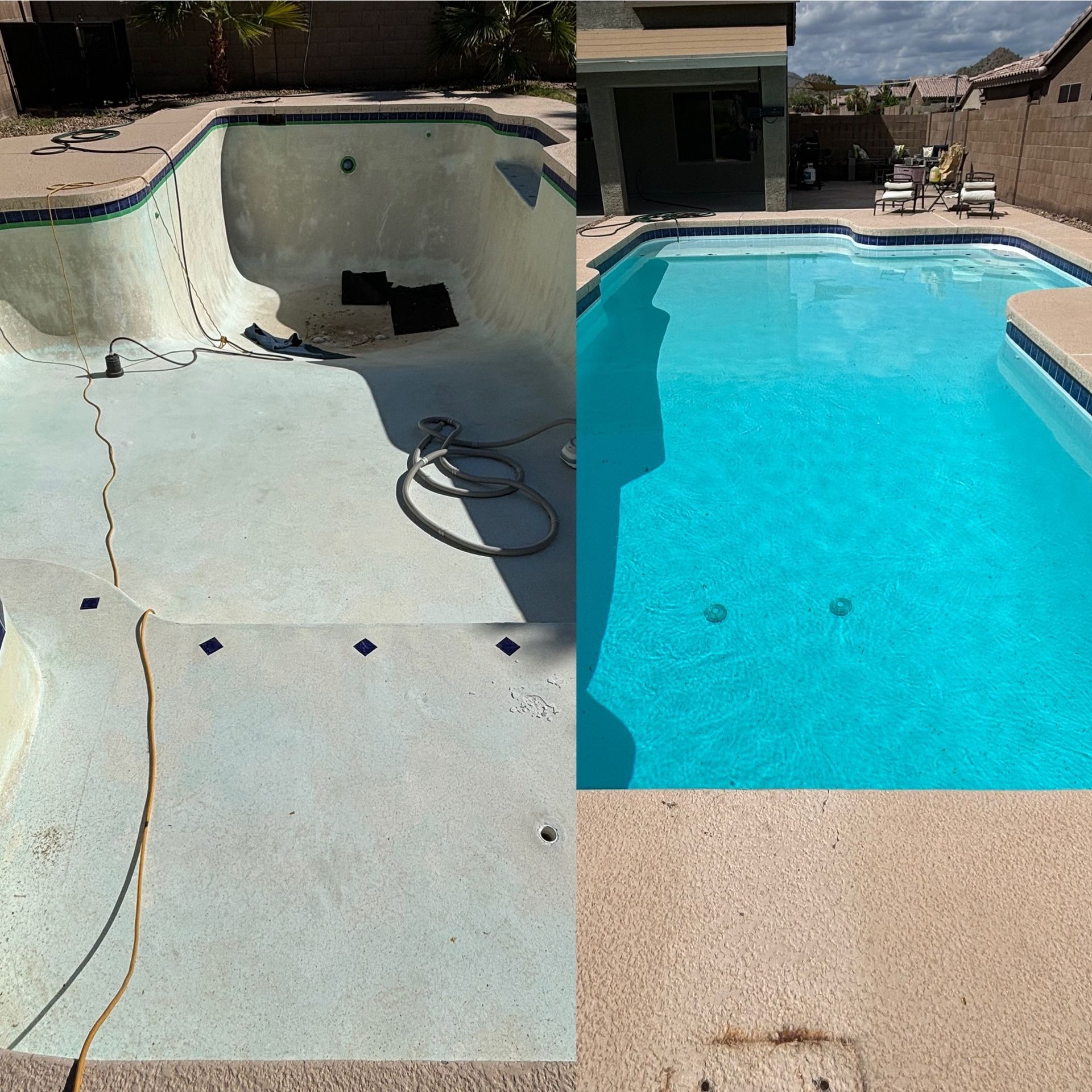 Split image comparing an empty, drained backyard swimming pool on the left with the same pool filled and clean on the right.