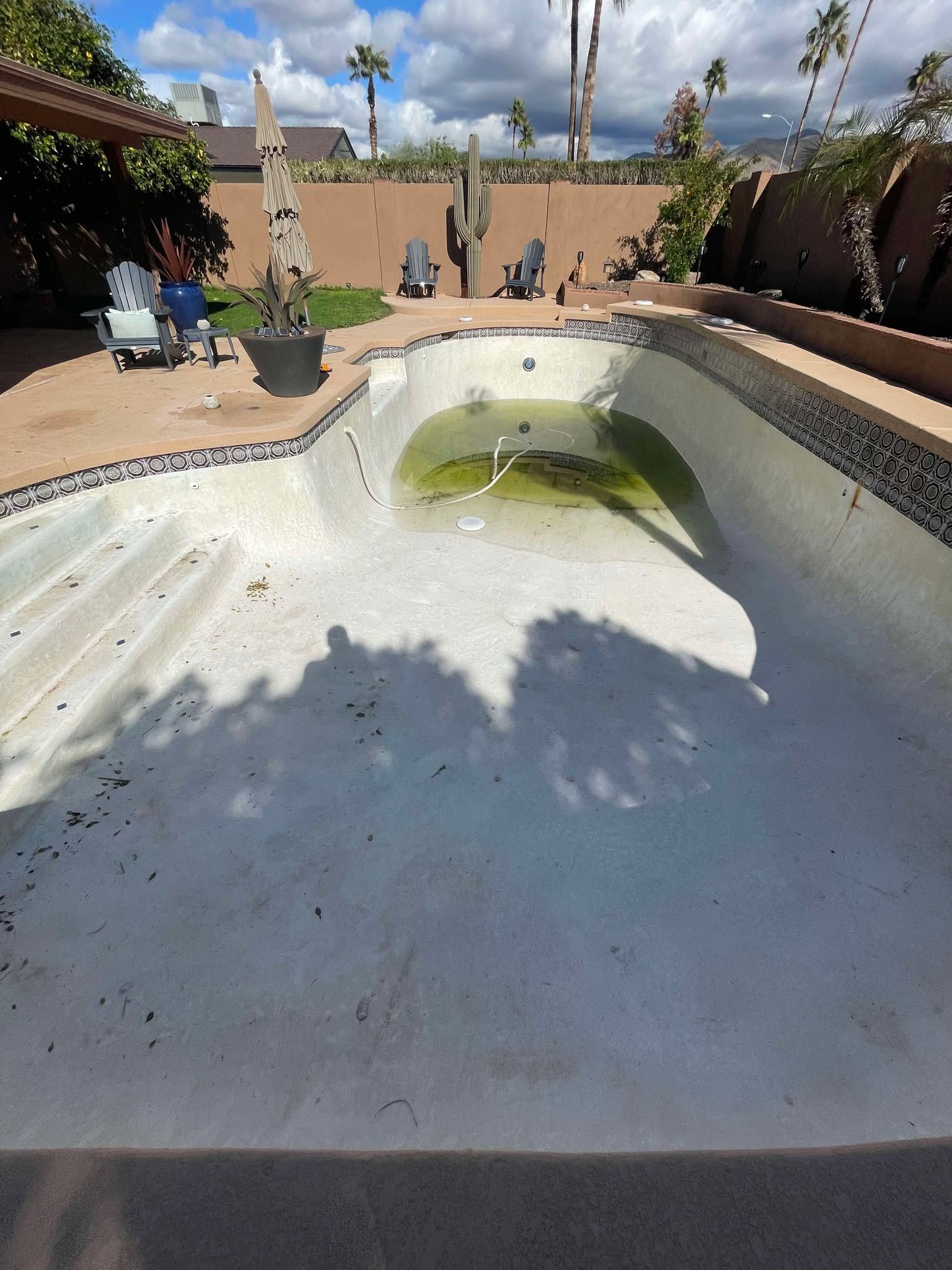 An empty backyard swimming pool with a small amount of green stagnant water at the deep end.