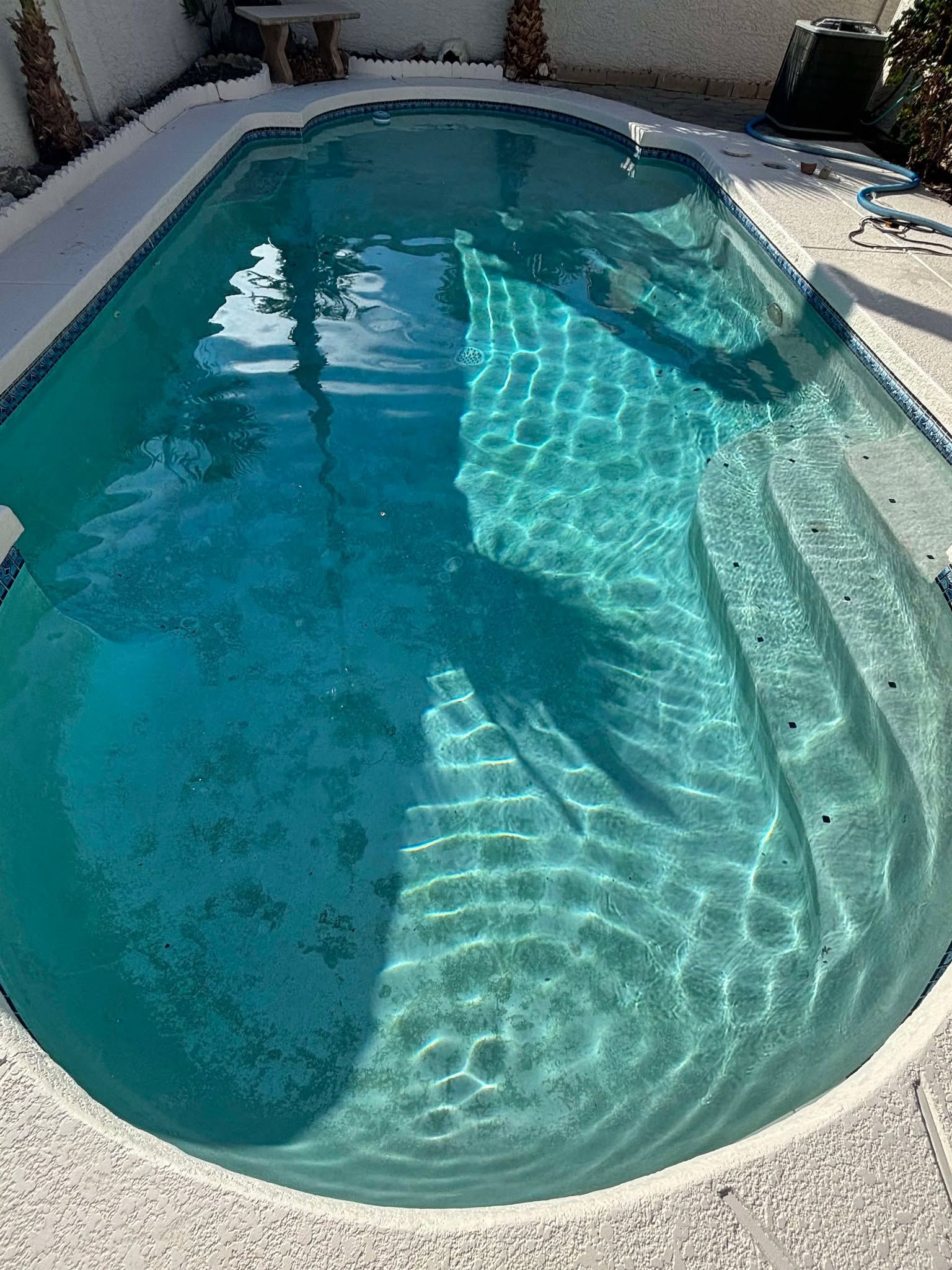 A rectangular swimming pool with rounded ends and built-in steps, set into a light-colored stone patio.