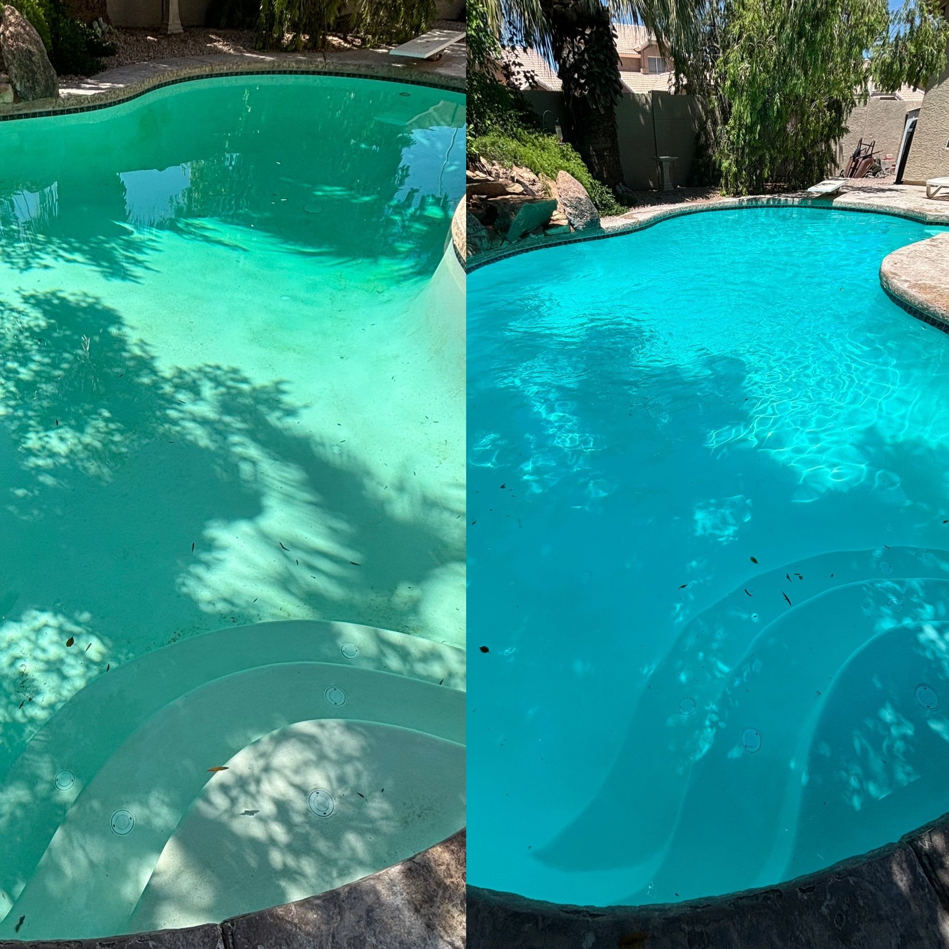 A split-screen comparison of a swimming pool showing a cloudy, green state on the left and a clear, blue state on the right.