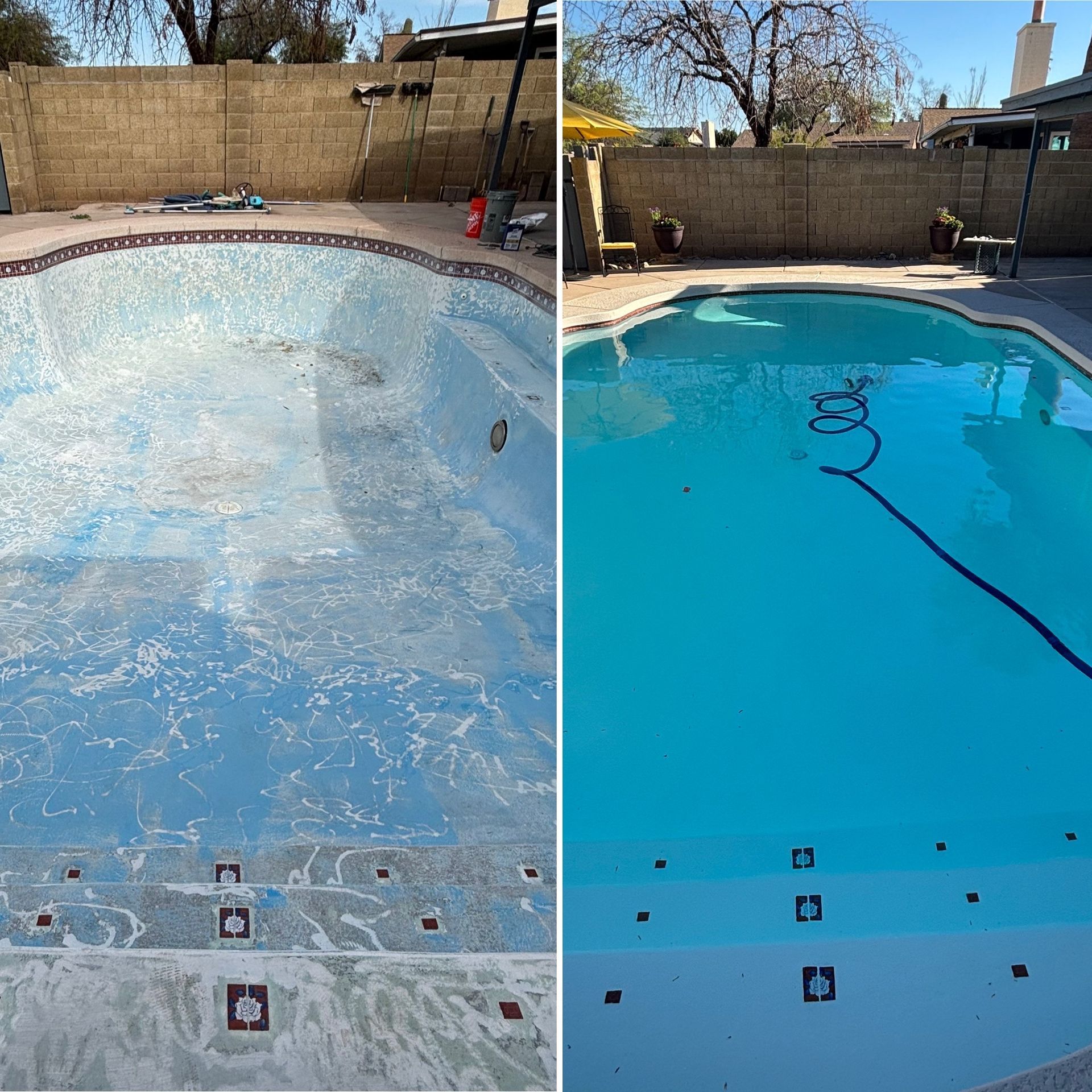 Empty backyard pool before and after cleaning, with blue water in the restored pool.