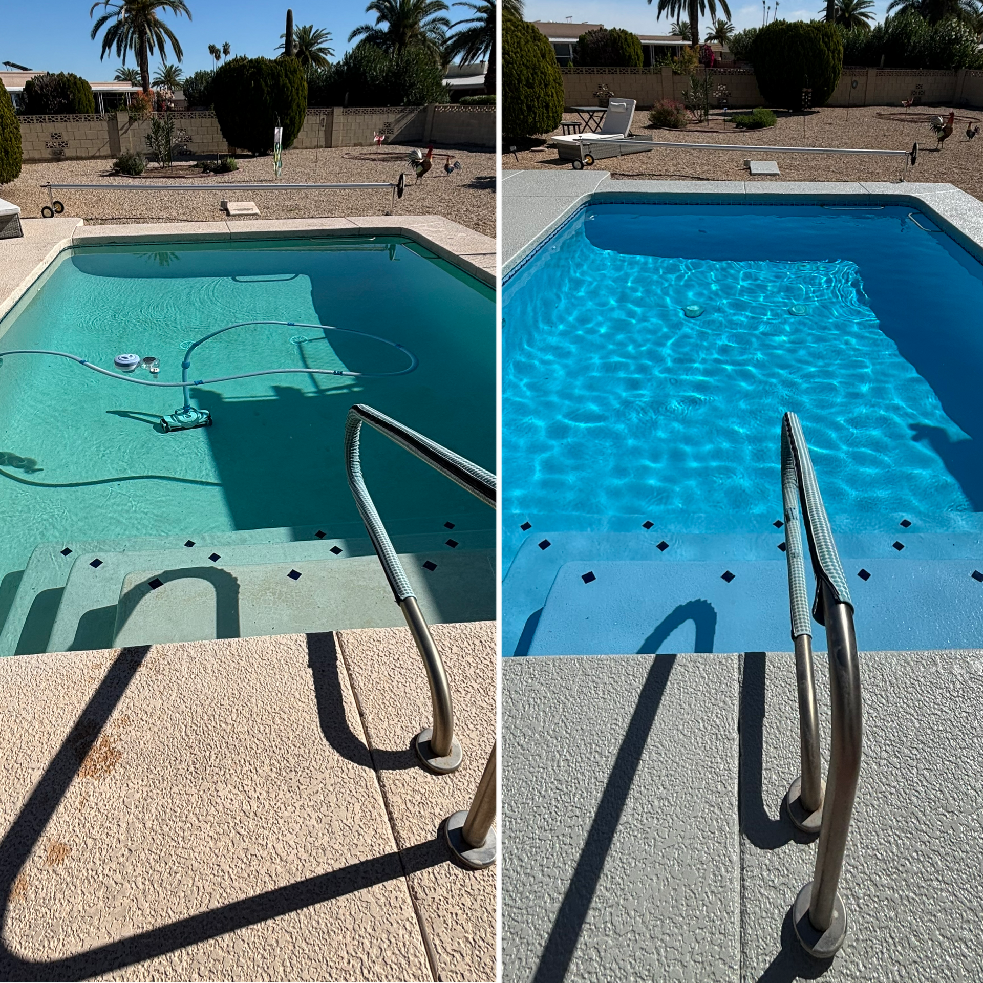 Split view of a pool before and after draining: pale green on left, bright blue on right, with handrail in foreground