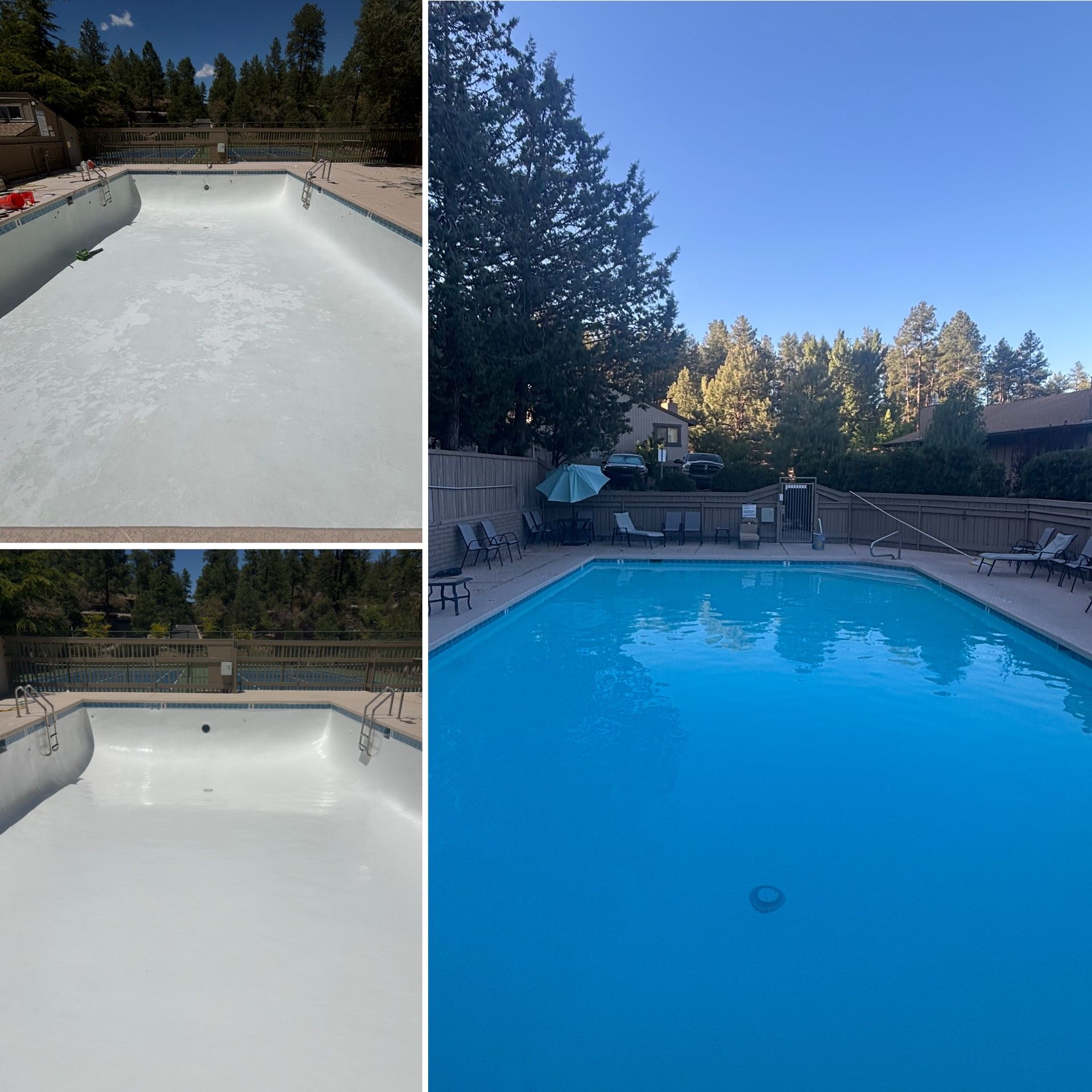 Three pool views: empty white-lined pool and a filled blue pool under trees and sky.