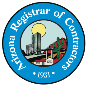 Circular logo of the Arizona Registrar of Contractors featuring a city skyline, a saguaro cactus, and the year 1931.