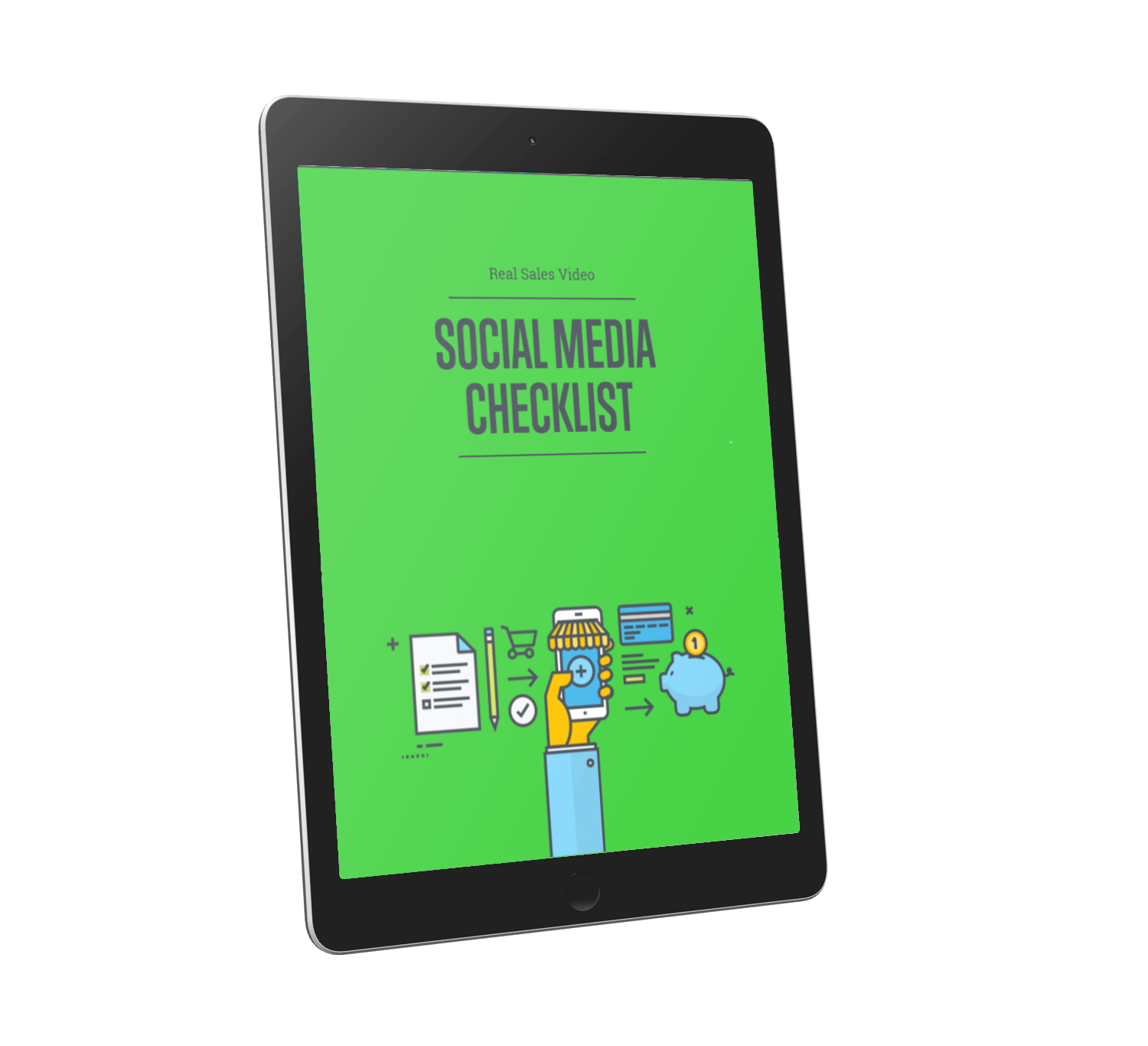 Op een tablet verschijnt een groen scherm met de tekst