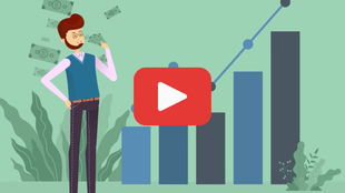 Een stripfiguur staat naast een stijgende staafgrafiek met zwevende geldbedragen, waarop een YouTube-afspeelknop is geplaatst.