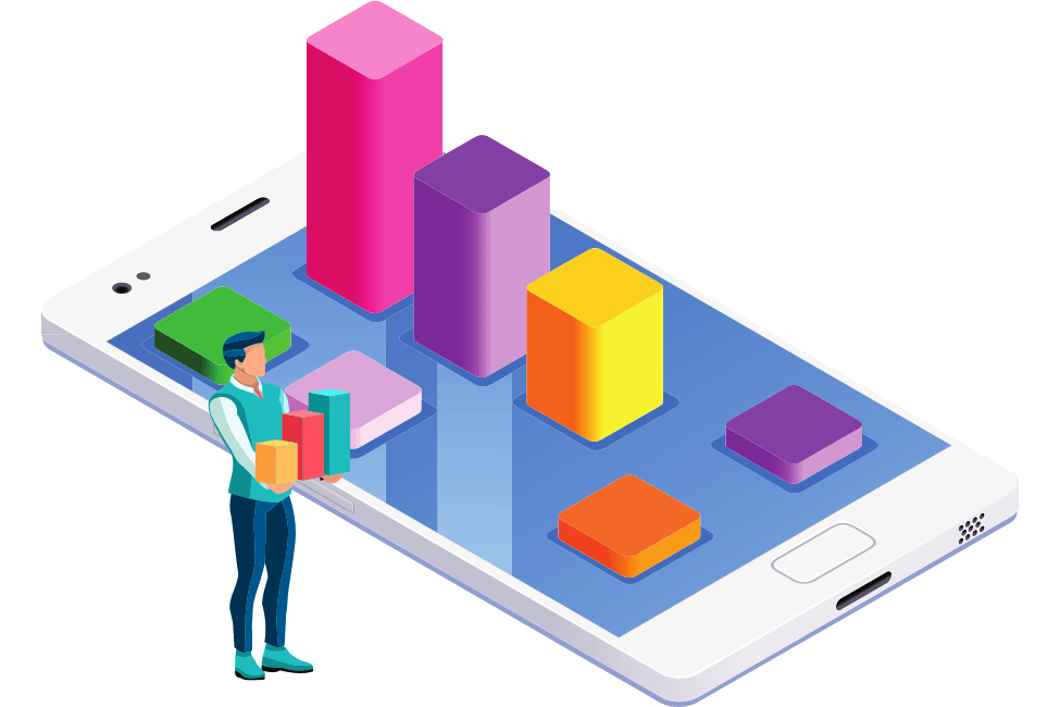 Een persoon staat naast een grote smartphone waarop een 3D-staafdiagram en kleurrijke app-pictogrammen op het scherm worden weergegeven.