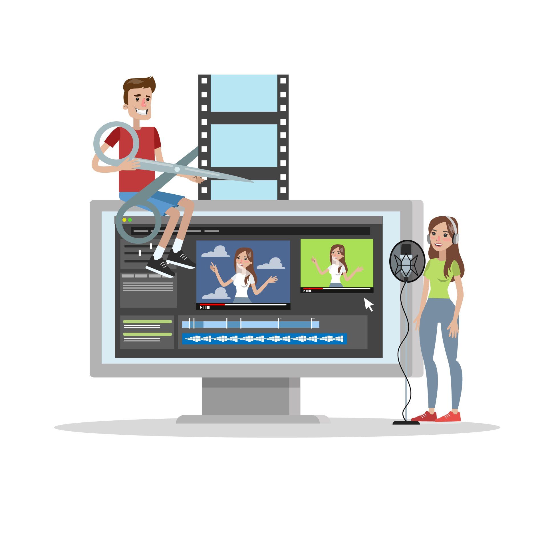 Iemand knipt een filmstrook af boven een computerscherm waarop videobewerkingssoftware te zien is, terwijl een ander met een microfoon staat.