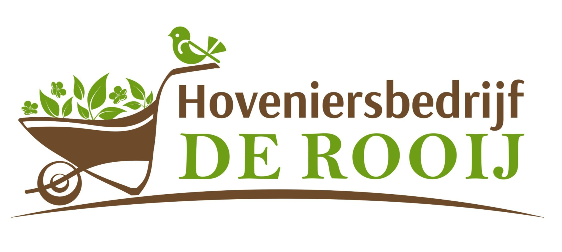 Logo voor Hoveniersbedrijf De Rooij met een kruiwagen vol bladeren en een klein vogeltje, in bruin en groen.