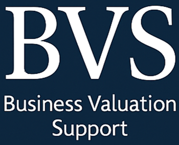 Logo voor Business Valuation Support (BVS) met witte tekst op een donkerblauwe achtergrond.