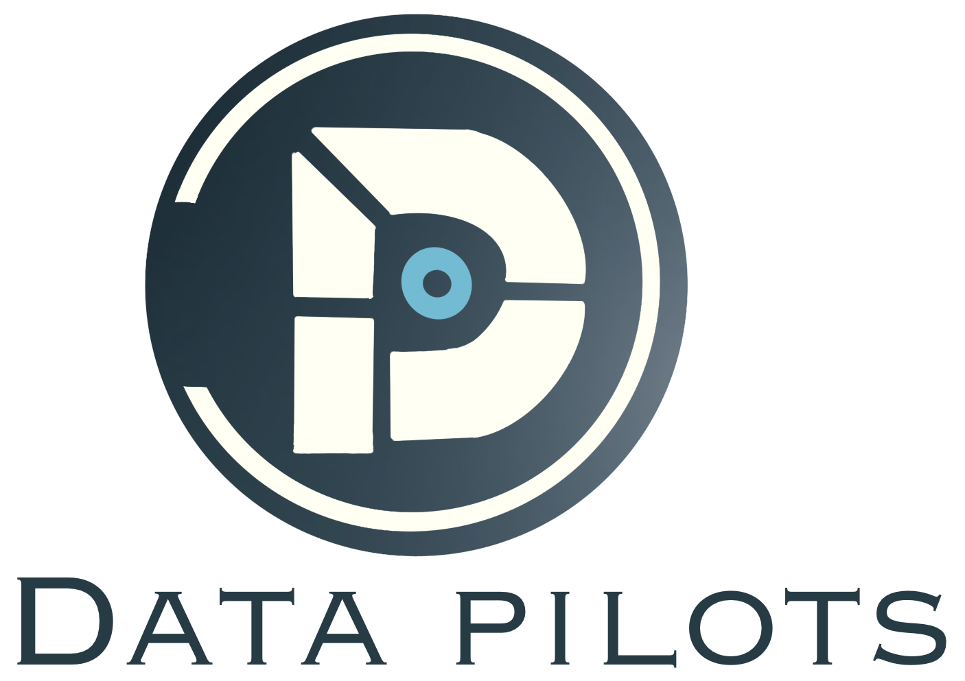 Het logo van Data Pilots bestaat uit een cirkelvormig embleem met een gestileerde letter 