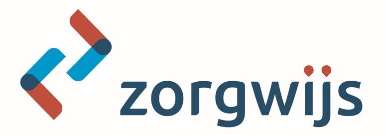 Logo voor Zorgwijs: een gestileerd abstract symbool van in elkaar grijpende rode en blauwe vormen naast de tekst 