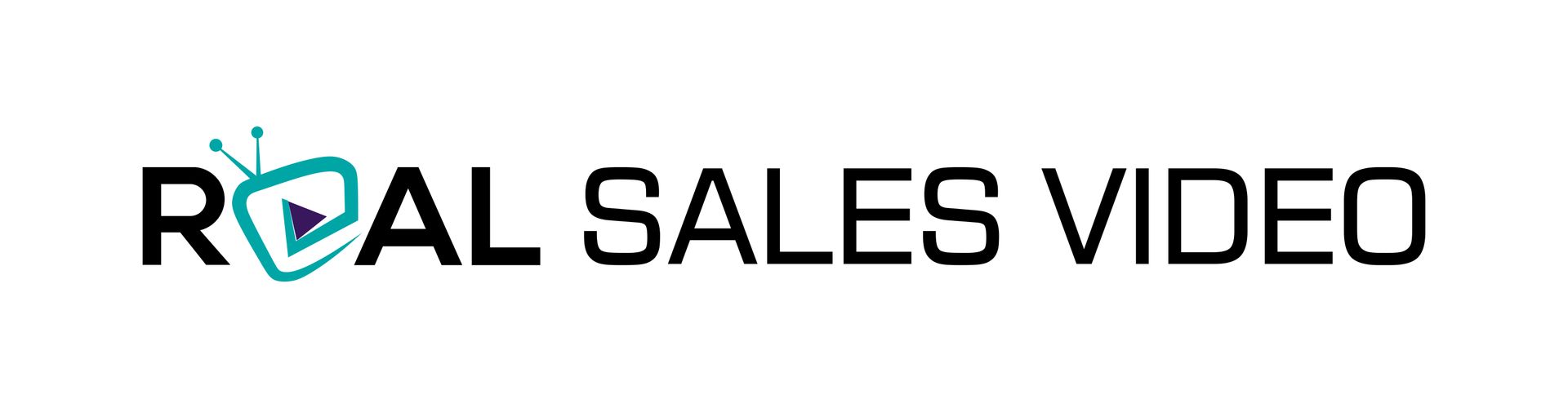 Het logo van Real Sales Video bestaat uit zwarte tekst, waarbij de letter 'E' is vervangen door een turquoise televisie-icoon.