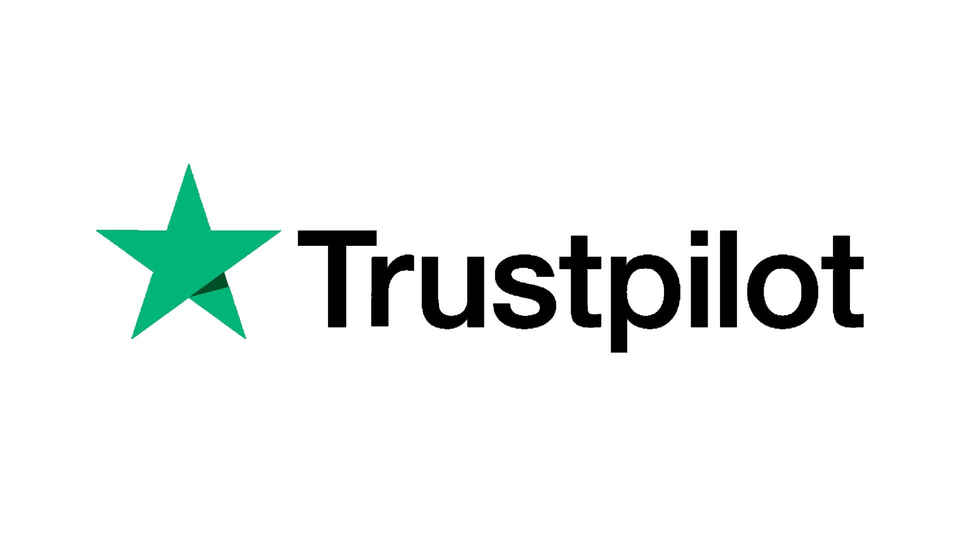 Het Trustpilot-logo, met een groene vijfpuntige ster links van het zwarte woord