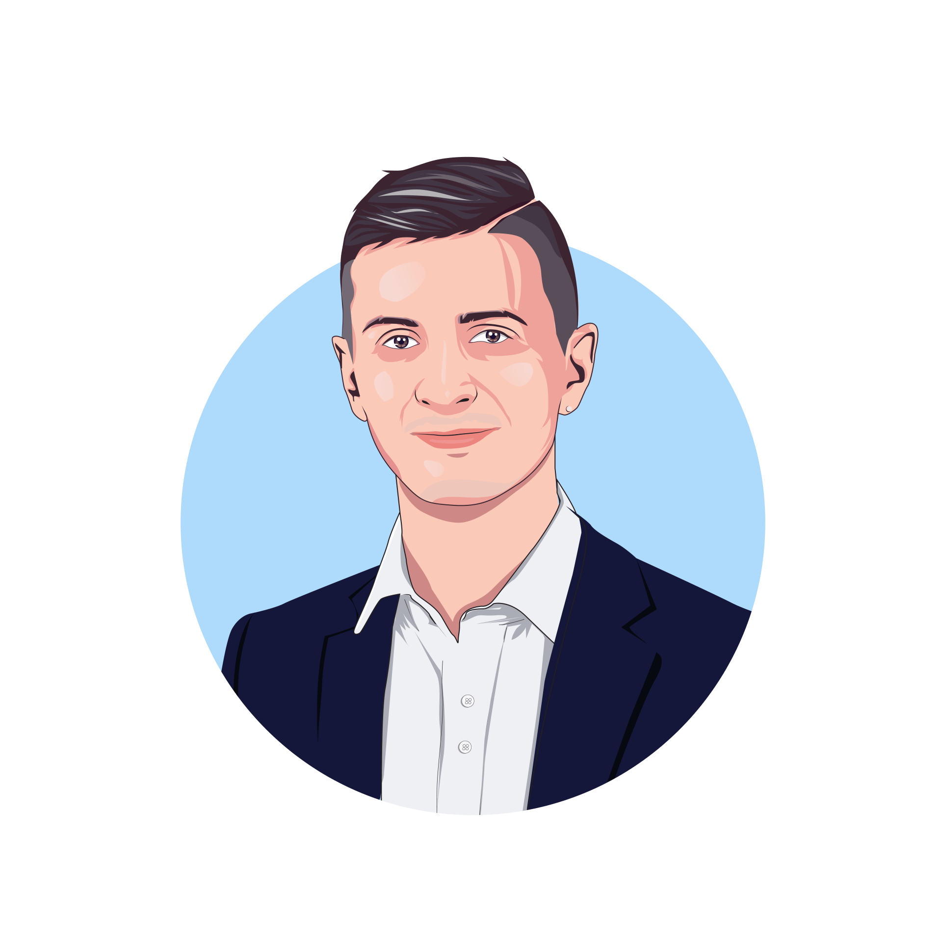 Digitale illustratie van een persoon in een wit overhemd met kraag en een donkere blazer 