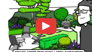 Een cartoonfiguur wijst naar een moderne tuin met stoelen, een kleine vuurplaats, hagen en een futuristisch bouwwerk.