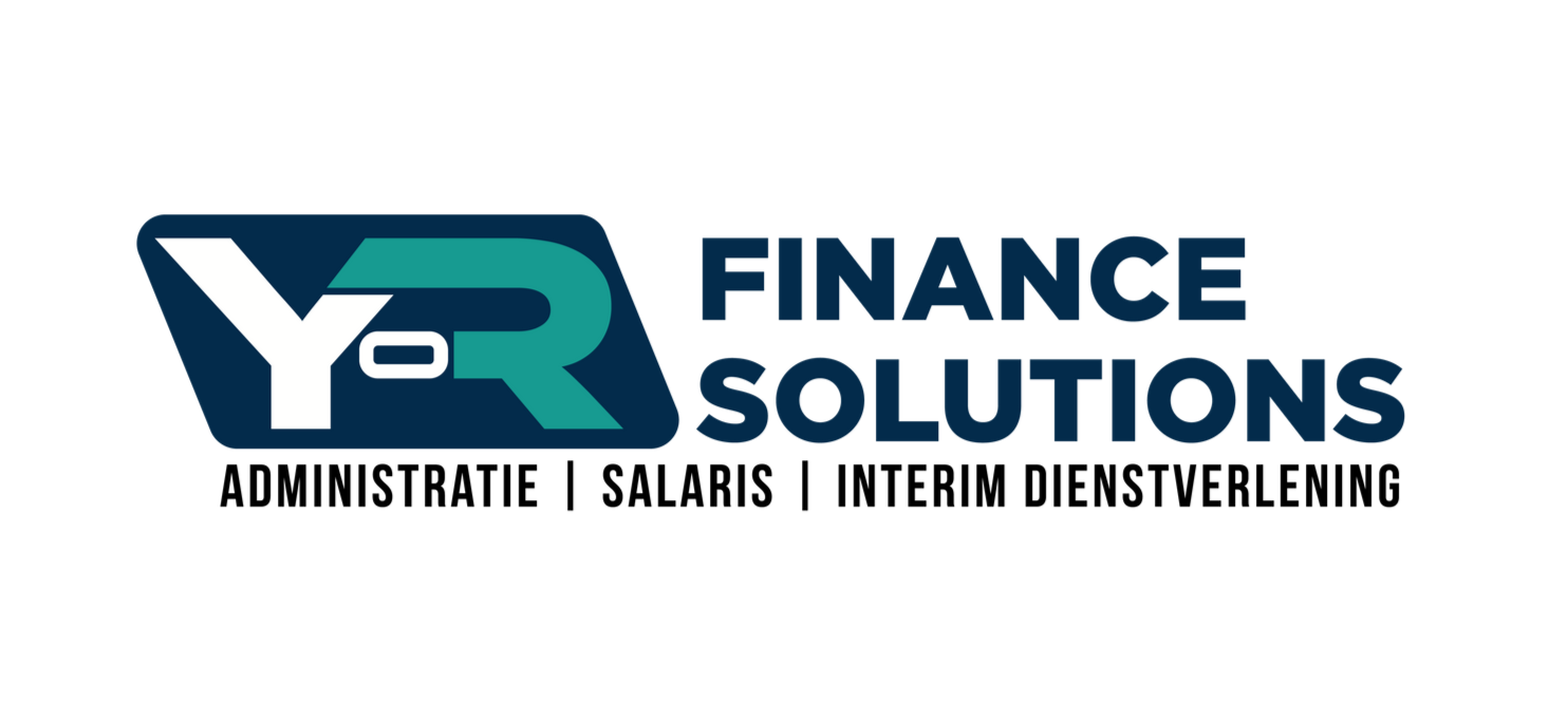 Logo voor Yo-R Finance Solutions met turquoise en donkerblauwe tekst, met vermelding van de diensten: Administratie, Salaris, Interim.