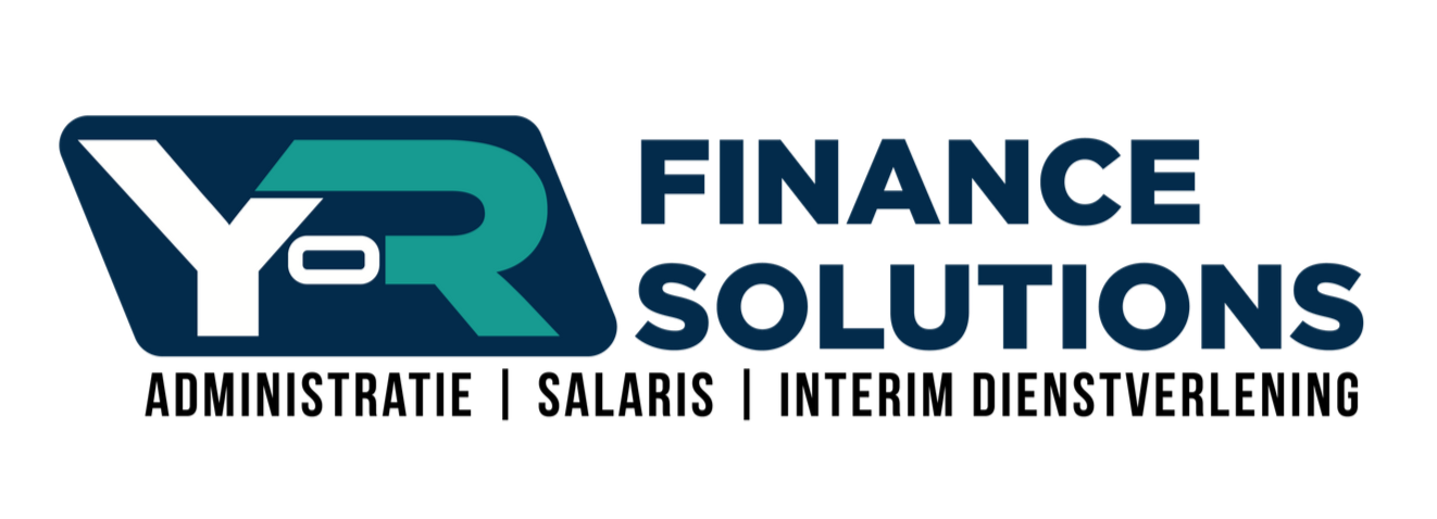 Logo voor YR Finance Solutions met turquoise en donkerblauwe tekst, inclusief diensten voor administratie, salarisadministratie en interim-management.