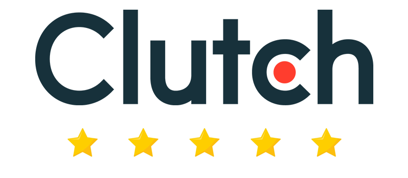 Het Clutch-logo bestaat uit donkerblauwe tekst met een rode stip in de letter 'c', boven vijf gele sterpictogrammen.