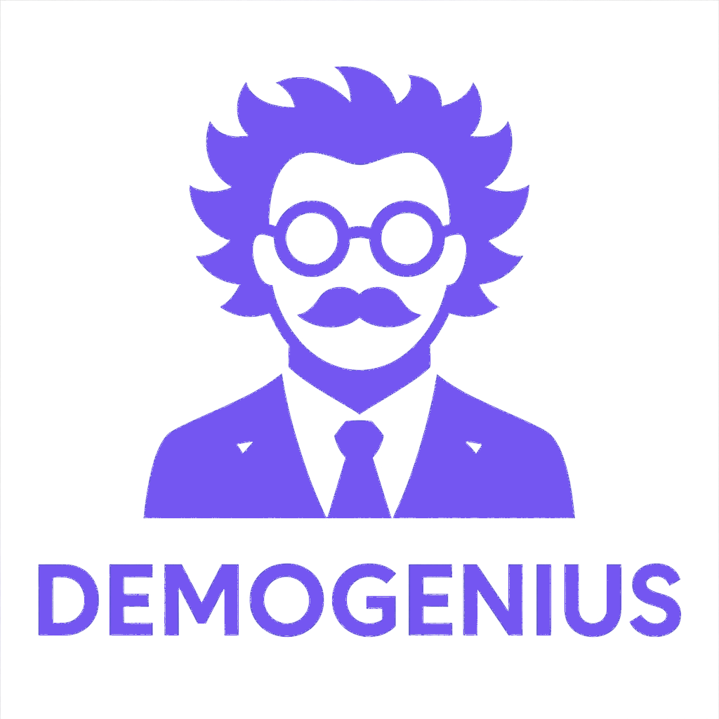 Paars logo met een gestileerd icoon van een persoon met warrig haar, een bril en een snor boven de tekst 