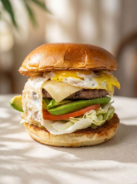 Stacked cheeseburger on a bun with lettuce, tomato, avocado, egg, and melted cheese in soft natural light