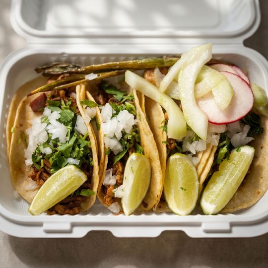 Takeout container with tacos, lime wedges, onion, cilantro, and radishes