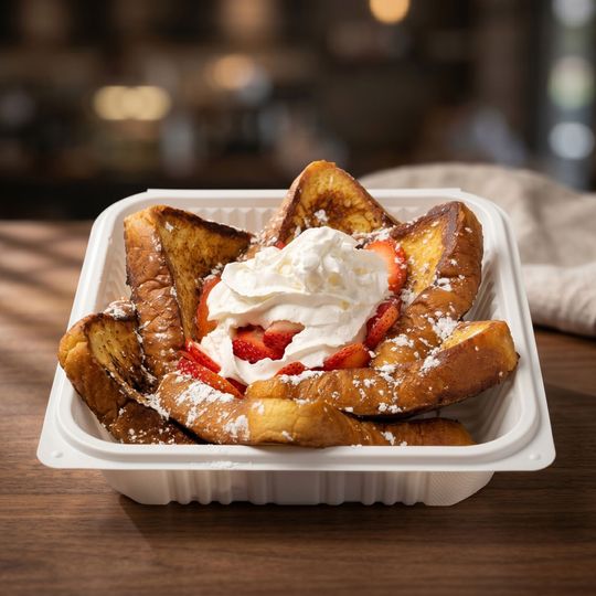 Dessert in a takeout tray, topped with whipped cream and strawberry slices on a wooden table
