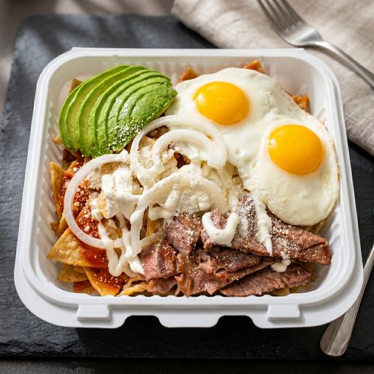 Takeout bowl with fried eggs, avocado, meat, onions, and cheese on a dark table