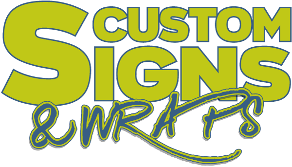 Custom Signs & Wraps logo in yellow, blue, and green text on a white background