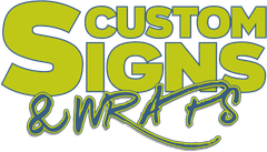 Custom Signs & Wraps logo in yellow, blue, and green text on a white background