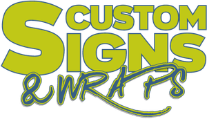 Custom Signs & Wraps logo in yellow, blue, and green text on a white background