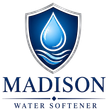 Madison Water Softener Logo with Shield Emblem, Water Droplet, Wave Graphic, and Company Name in Madison, WI
