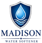 Madison Water Softener Logo with Shield Emblem, Water Droplet, Wave Graphic, and Company Name in Madison, WI
