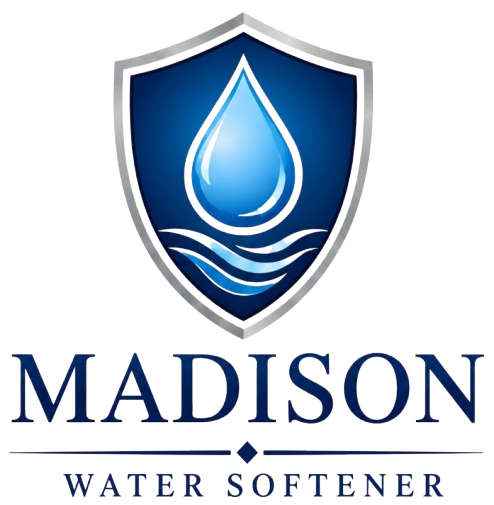 Madison Water Softener Logo with Shield Emblem, Water Droplet, Wave Graphic, and Company Name in Madison, WI