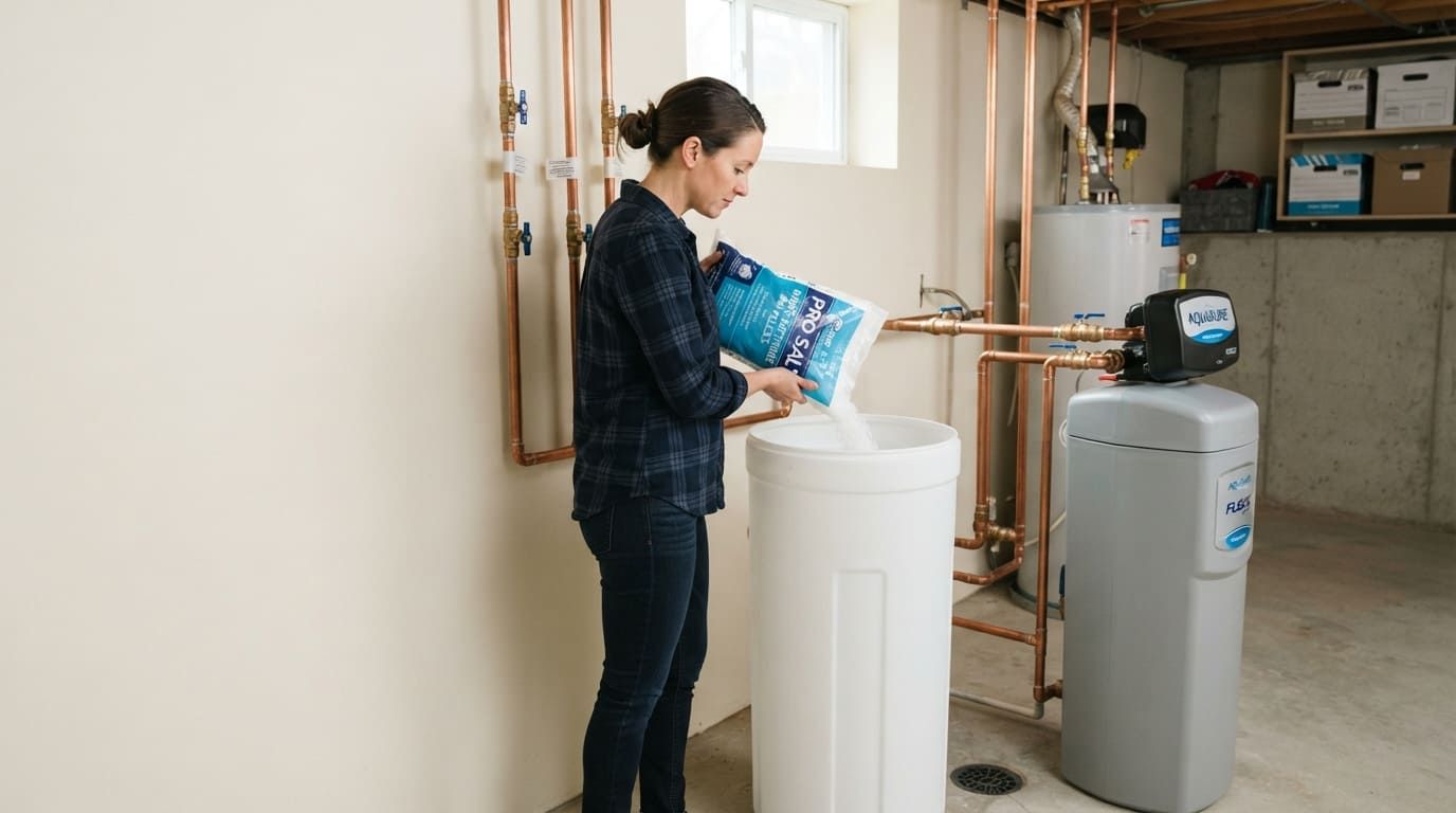 Woman pouring water softener salt into an open brine tank