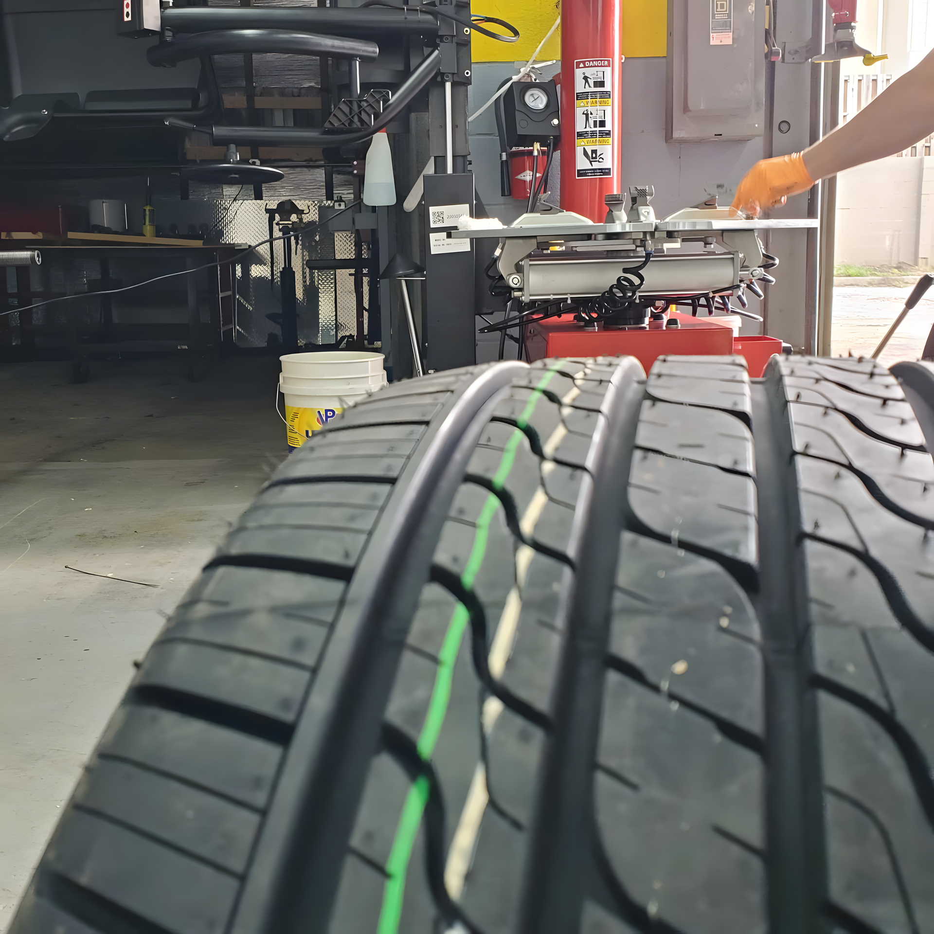 Close-up of a new tire in an auto shop. A person wearing gloves works on machinery in the background. | Total Automotive