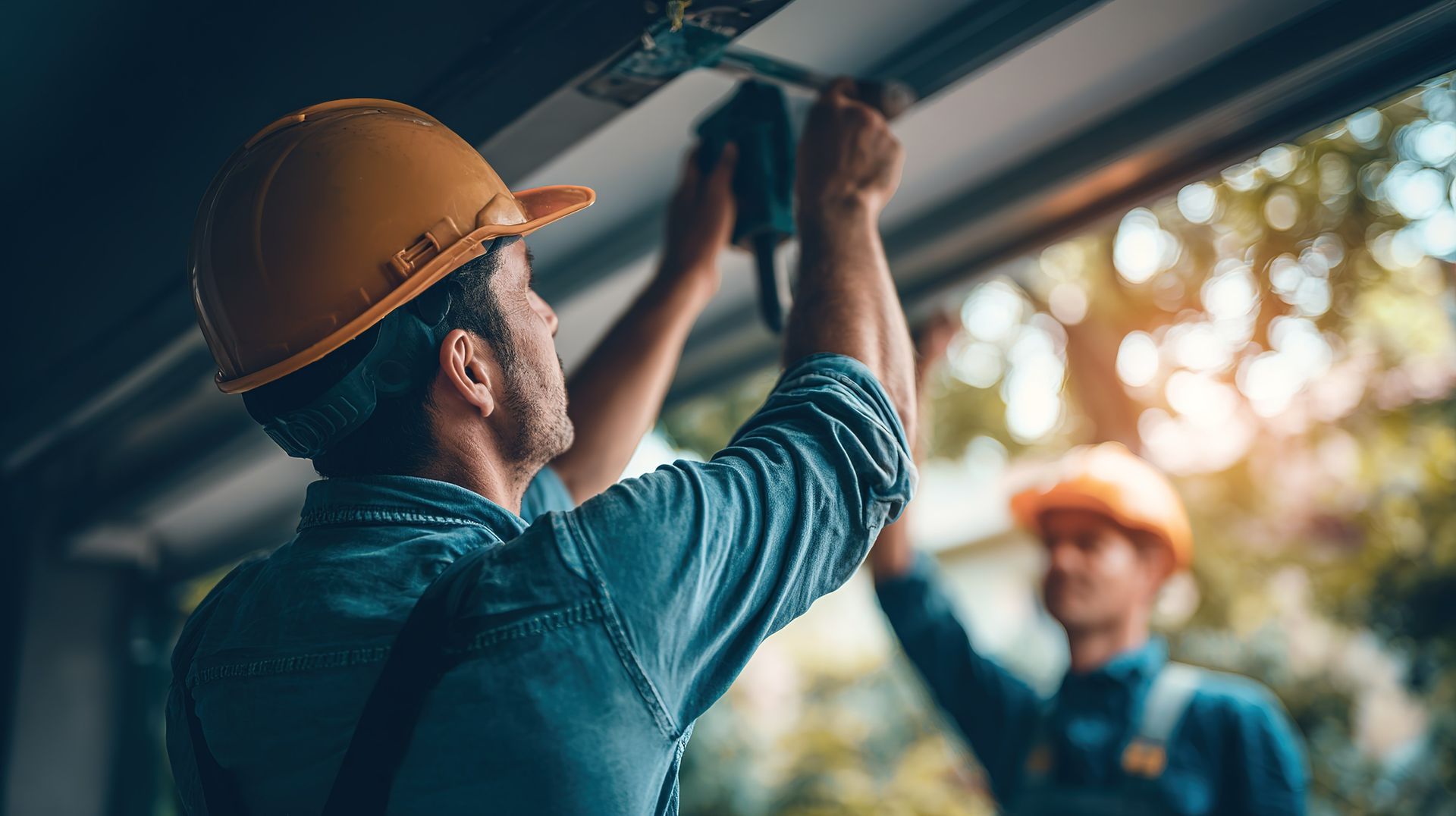 Professional workers handling a garage door opener repair.