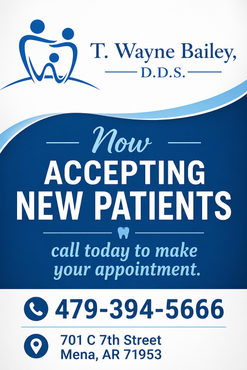 T. Wayne Bailey, D.D.S. ad in blue and white: now accepting new patients, with phone number and address. T. Wayne Bailey, D.D.S. ad in blue and white: now accepting new patients, with phone number and address.