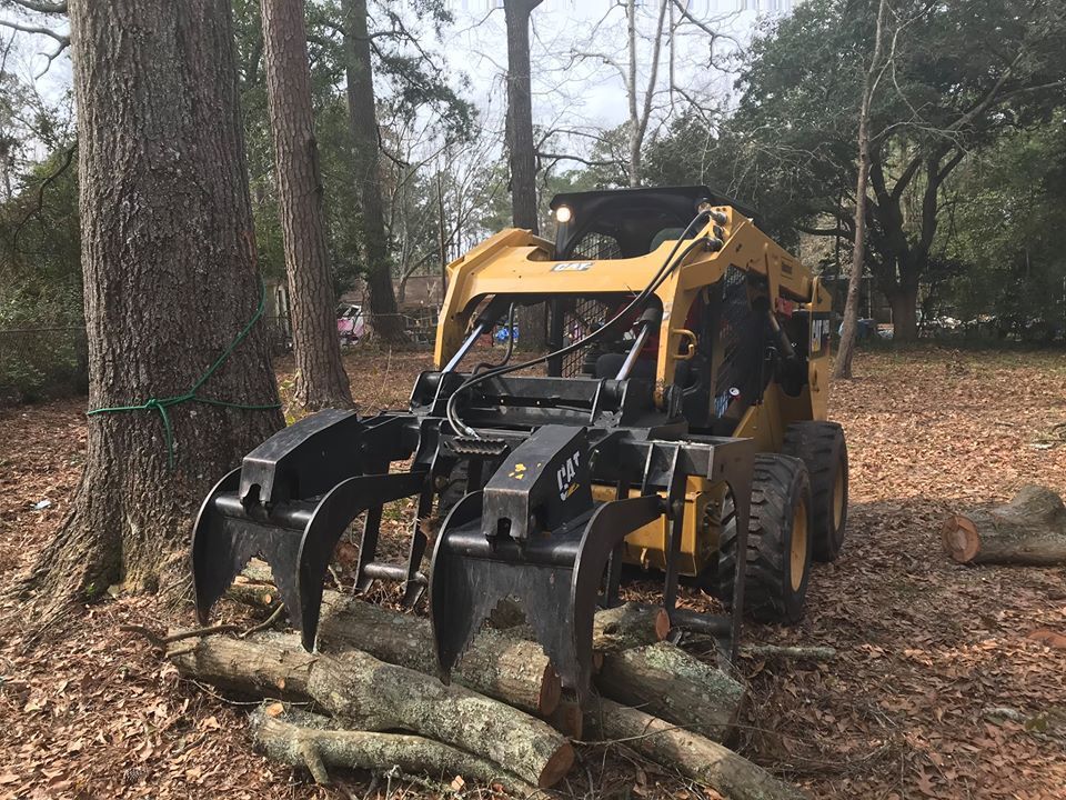 A bulldozer with a grapple attached to it is cutting logs in the woods.