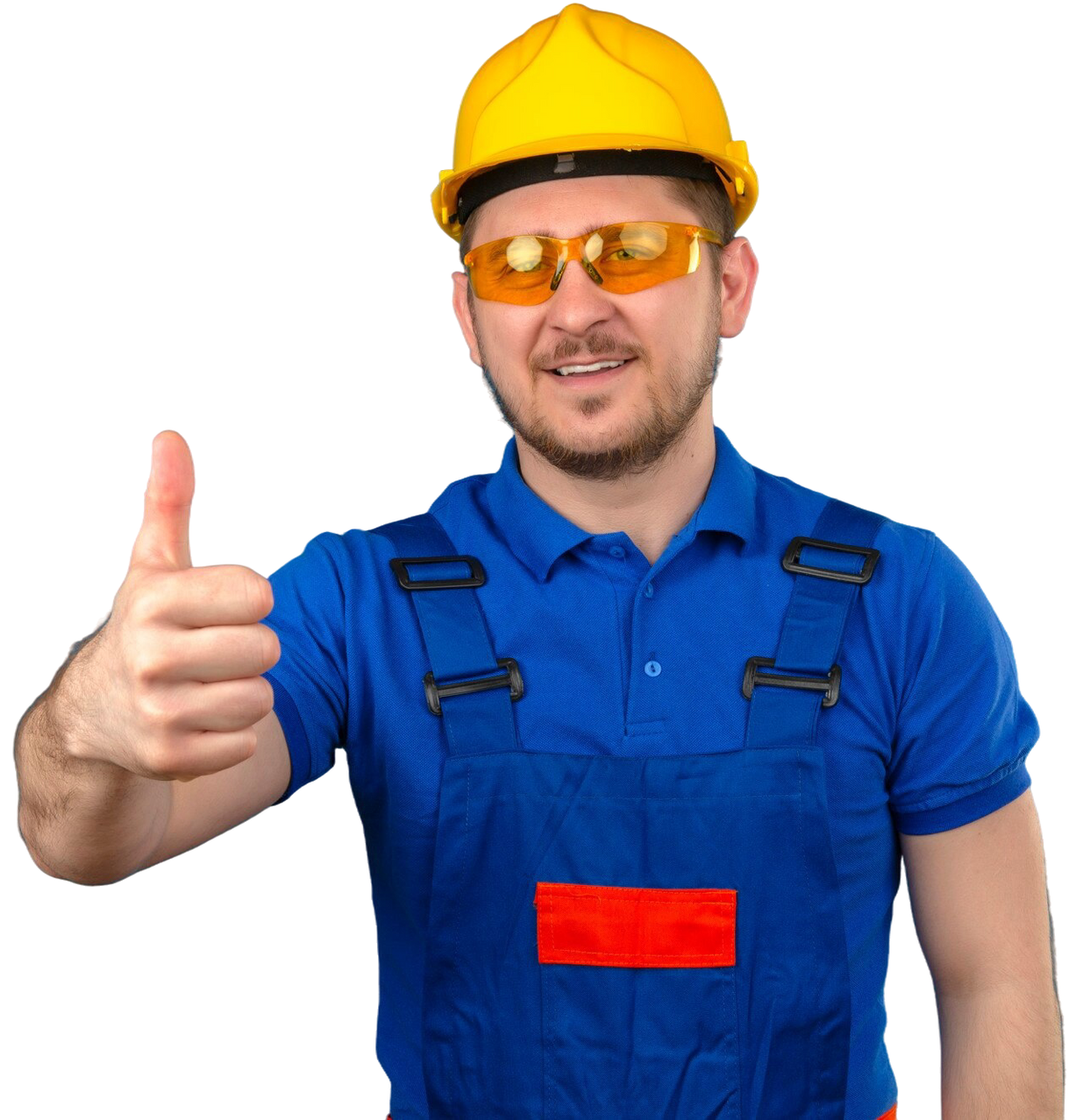 Construction worker in blue overalls and yellow hard hat gives a thumbs-up.