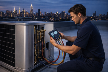 A technician in a navy uniform kneels on a rooftop at dusk, using a digital manifold gauge on an HVAC unit.