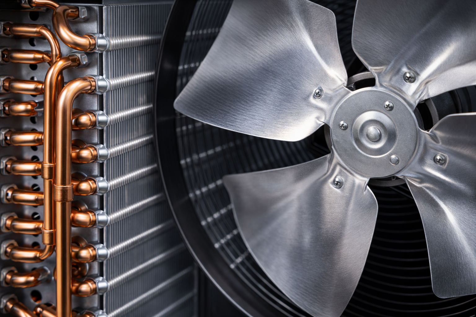 Close-up of a metal fan blade assembly positioned next to a copper-tubed cooling coil radiator.
