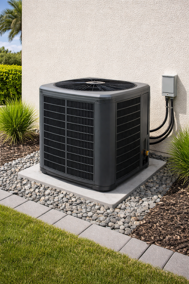 A dark gray central air conditioning unit sits on a concrete pad surrounded by decorative rocks near a stucco house wall.