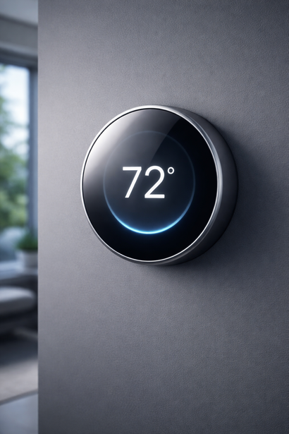 A modern, circular smart thermostat with a black display showing