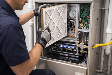 A technician wearing gloves installing or replacing a pleated air filter in a furnace unit.